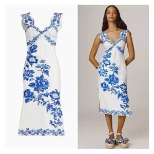 Farm Rio 100% Linen Floral Cascade Midi Dress Smocked Blue White Size Small